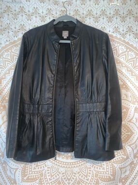 J Jill Black  Genuine  Leather  Peplum Zip Jacket